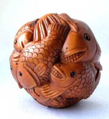 Carved & Signed Sealife Sphere Boxwood Ojime/Netsuke Bead - PremiumBead Primary Image 1