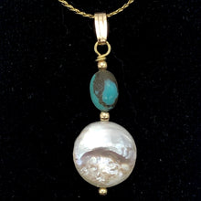 Load image into Gallery viewer, Natural Turquoise & Drop FW Pearl 14Kgf Pendant | 1 3/8" long | - PremiumBead Alternate Image 2