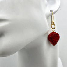 Load image into Gallery viewer, Carved Red Cinnabar Orchid Heart Bead 14K Gold Filled Earrings | 1 3/4" Long |