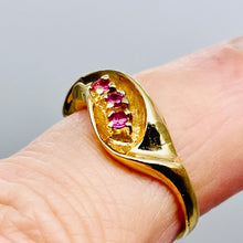 Load image into Gallery viewer, Three Stone Natural Red Ruby in Solid 14Kt Yellow Gold Ring Size 6 9982x