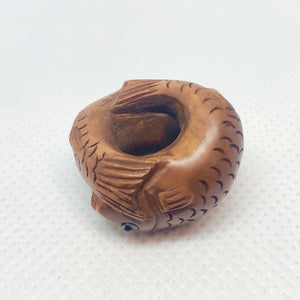 Pisces Hand Carved & Signed Boxwood Fish Ojime/Netsuke Bead | 22x22x15mm | Brown - PremiumBead Alternate Image 4