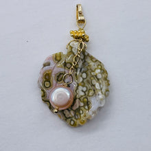 Load image into Gallery viewer, Ocean Jasper Leaf w/Pearl 14K Gold Filled Pendant | 1 1/2" Long | Yellow/White |