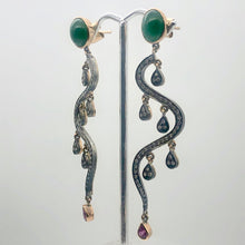 Load image into Gallery viewer, 18Kt Gold Earrings Dripping W/ 108 Diamonds Pink Sapphire Emerald 6521