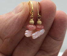 Load image into Gallery viewer, Gem Quality Rhodochrosite Pearl Drop Golden Lever Back Earrings - PremiumBead Alternate Image 3