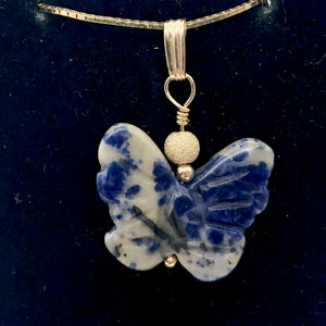 Semi Precious Stone Jewelry Flying Butterfly Pendant Necklace of Sodalite/Gold - PremiumBead Alternate Image 4