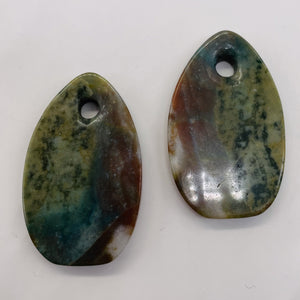 Hand Carved Bloodstone Pendant Beads | 54x33x6mm | Green Pink | Oval | 1 Pair |