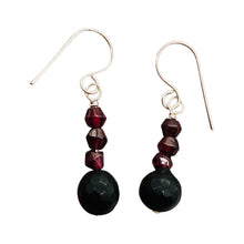 Load image into Gallery viewer, Black Stone -Africa Round Bead and Garnet Sterling Silver Earrings| Black Matte|
