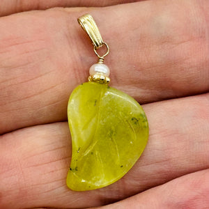 Jade Carved Leaf Sterling Silver Drop Pendant | 1 1/4" Long| Green | 1 Pendant|