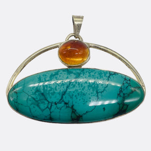 Turquoise Orange Moonstone Sterling Silver Oval Pendant|1 3/4" Long|Orange Fire