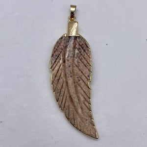 Jasper Carved Gold Trim Leaf Pendant | 3" Long | Beige Mauve | 1 Pendant |