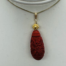 Load image into Gallery viewer, Cinnabar Carved Teardrop Barrel Bead 14K Gold Filled Pendant | 2 1/4" Long| Red|
