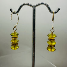 Load image into Gallery viewer, Natural Yellow Amber 3 Bead 14K Gold Filled Dangle Earrings 1 1/4" Long Handmade
