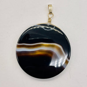 Sardonyx Agate 40mm Coin 14K Gold Filled Bead Pendant | Black | 2" Long |