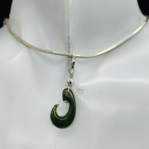 Jade Maori Hai Matau Fishhook Sterling Silver Pendant | Green | 1 1/4" Long |
