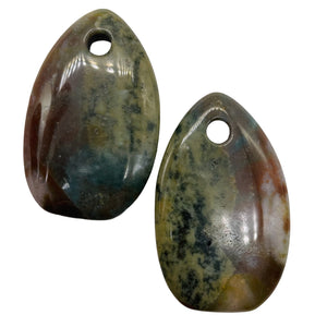 Hand Carved Bloodstone Pendant Beads | 54x33x6mm | Green Pink | Oval | 1 Pair |