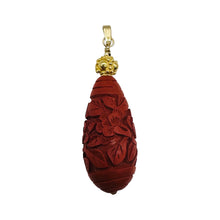 Load image into Gallery viewer, Cinnabar Carved Teardrop Barrel Bead 14K Gold Filled Pendant | 2 1/4" Long| Red|
