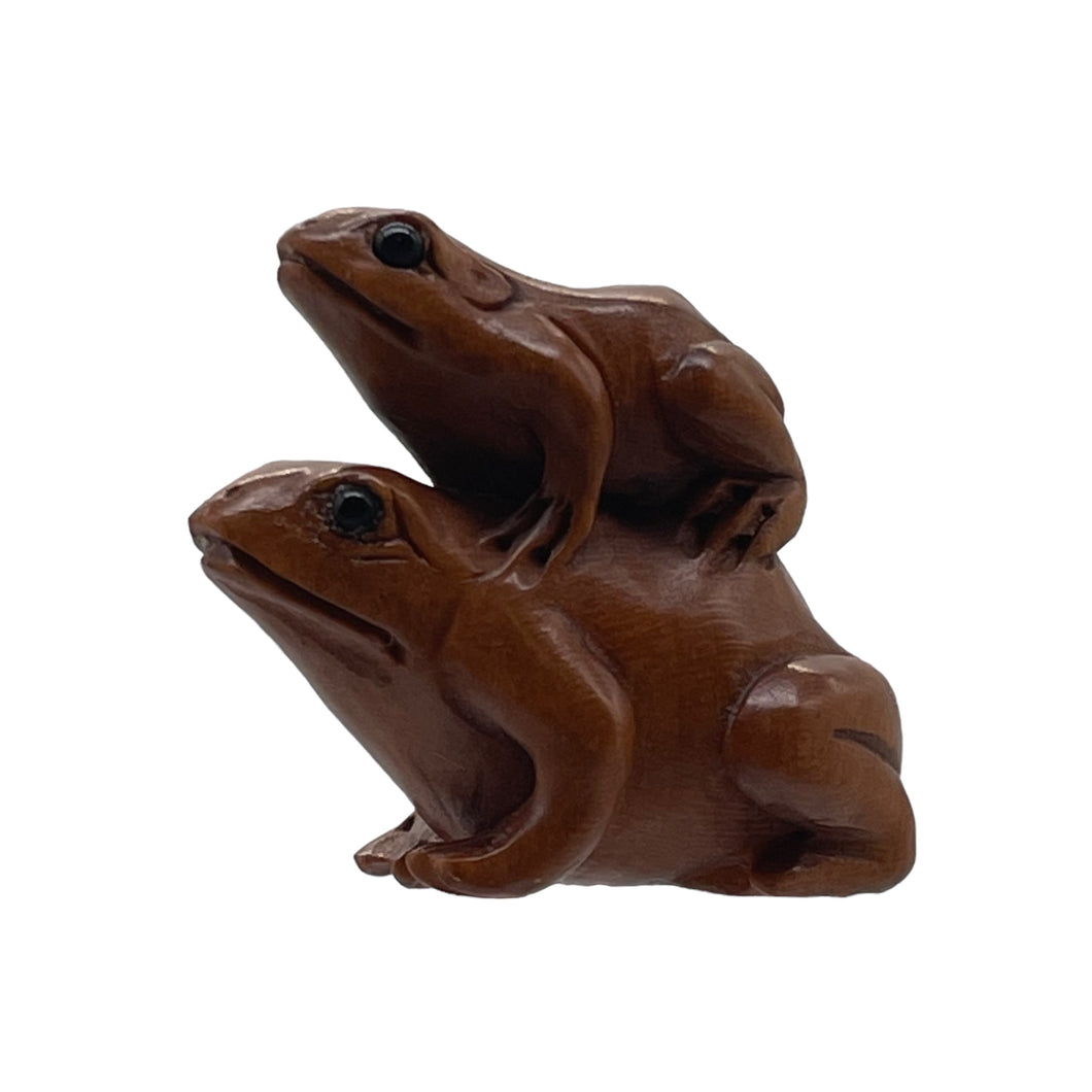 Carved Signed Boxwood Piggy Back Frog Ojime/Netsuke Bead