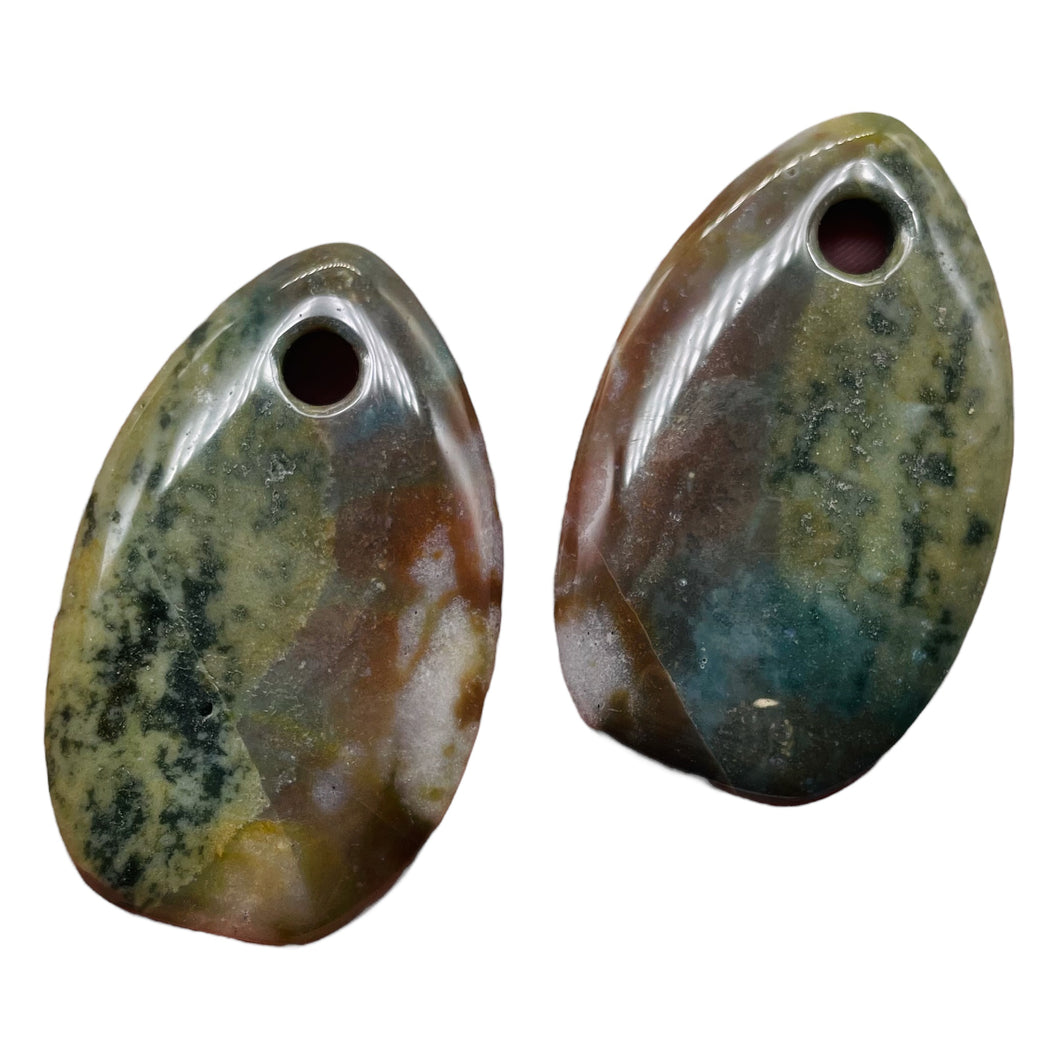 Hand Carved Bloodstone Pendant Beads | 54x33x6mm | Green Pink | Oval | 1 Pair |