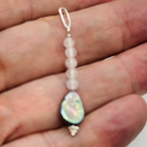 Pearl and Rose Quartz Sterling Silver Drop Pendant | 1 1/2" Long | Rainbow |