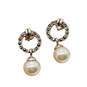 Pearl Marcasite Sterling Silver Post Dangle Earrings | 7mm | White | 1 Pair |