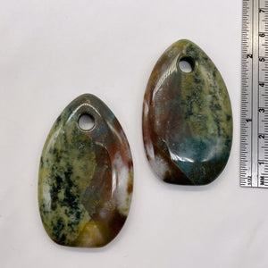 Hand Carved Bloodstone Pendant Beads | 54x33x6mm | Green Pink | Oval | 1 Pair |