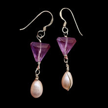 Load image into Gallery viewer, Lilac Triangle Amethyst Pearl Sterling Silver Earrings | 1 Inch Long | 1 Pair |
