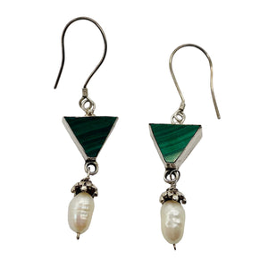 Malachite Fresh Water Pearl Sterling Silver Earrings | 2 1/4" Long| Green White|