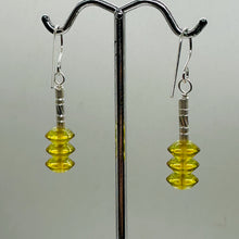 Load image into Gallery viewer, Natural Yellow Green Amber Sterling Silver Dangle Earrings 3 Bead 1.25" Handmade
