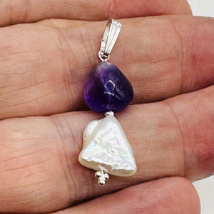 Pearl Triangle and Amethyst Sterling Silver Pendant | 1 1/4" Long | White, Red |