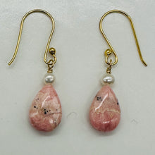 Load image into Gallery viewer, Teardrop Rhodochrosite and Pearl Drop 14K Rose Gold Filled Earrings|1 1/2" Long|
