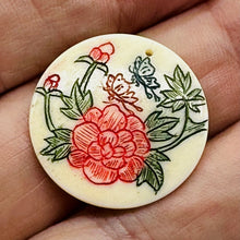 Load image into Gallery viewer, Rose Flower Scrimshaw Round Pendant Bead | 25x3mm | Red, Green, Cream | 1 Bead |
