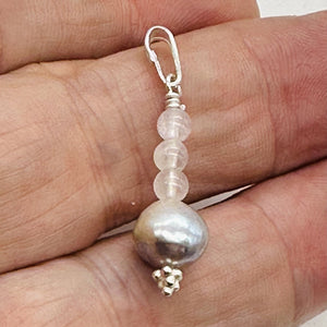 Rose Quartz, Silver Blue Pearl Sterling Silver Pendant| 1 1/4" Long| Pink, Blue|