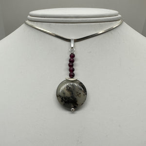 Gemmy Peruvian Opal w/Garnet Sterling Silver Pendant | Clear, Red |1 1/4" Long |