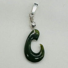 Load image into Gallery viewer, Jade Maori Hai Matau Fishhook Sterling Silver Pendant | Green | 1 1/4&quot; Long |

