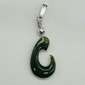 Jade Maori Hai Matau Fishhook Sterling Silver Pendant | Green | 1 1/4" Long |