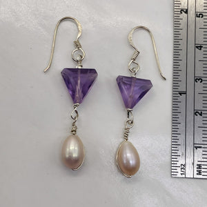 Lilac Triangle Amethyst Pearl Sterling Silver Earrings | 1 Inch Long | 1 Pair |