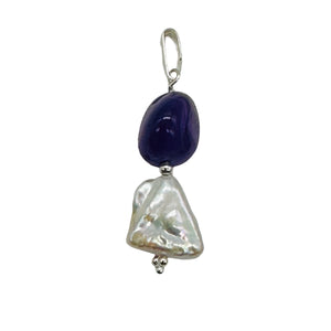 Pearl Triangle and Amethyst Sterling Silver Pendant | 1 1/4" Long | White, Red |
