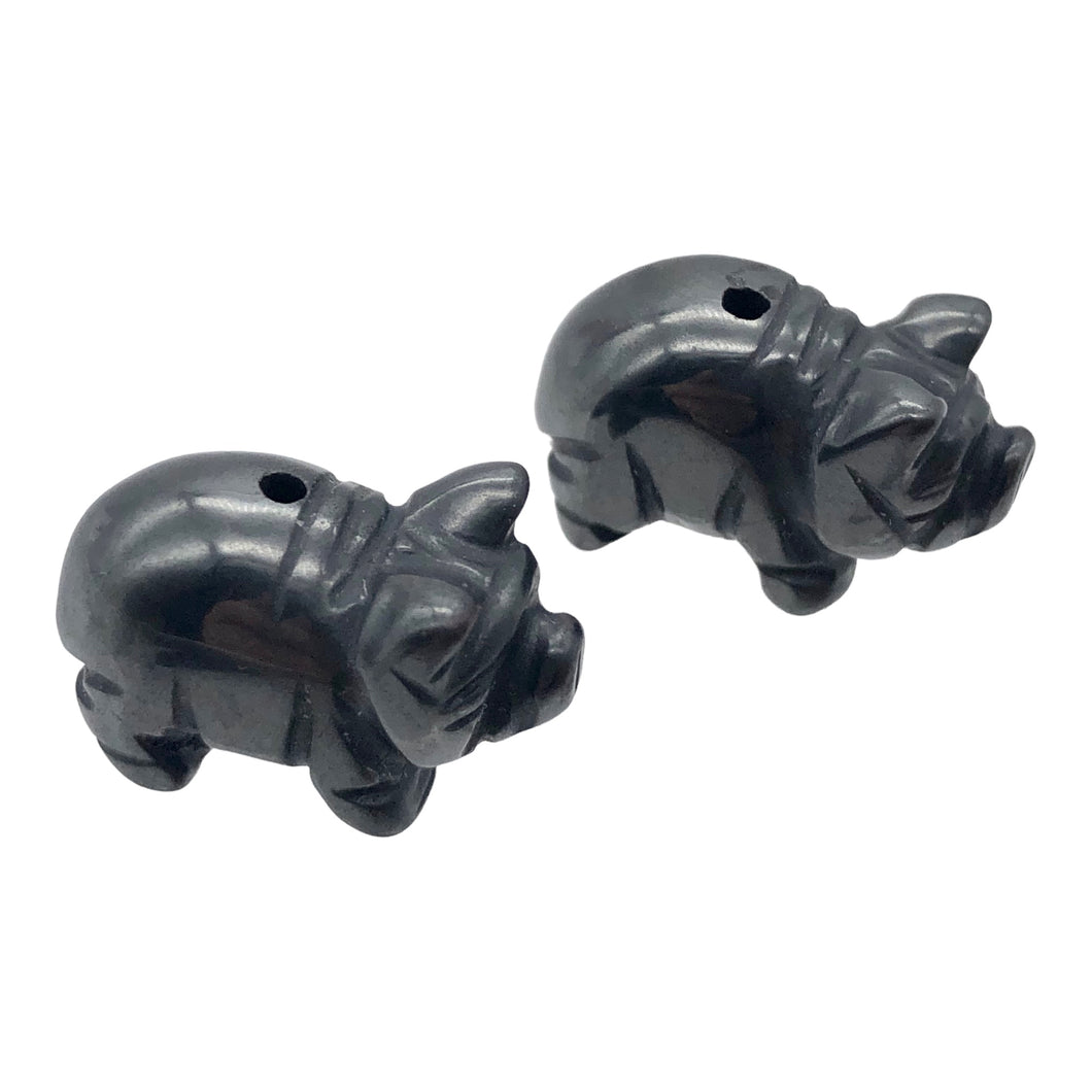 Oink 2 Carved Hematite Pig Beads | 21x13x9.5mm | Silvery Grey