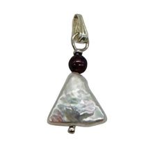 Load image into Gallery viewer, Pearl Triangle and Garnet Sterling Silver Drop Pendant | 1&quot; Long | White, Red |
