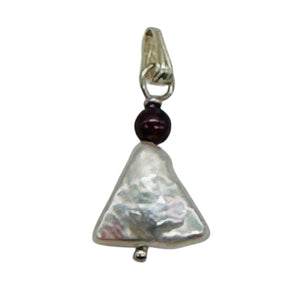 Pearl Triangle and Garnet Sterling Silver Drop Pendant | 1" Long | White, Red |