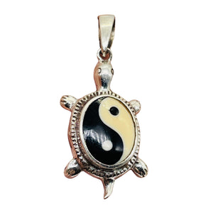 Yin Yang Sterling Silver Turtle Pendant | 1 1/2" Long | White Black | 1 Pendant |