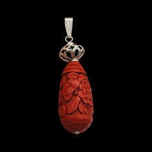 Load image into Gallery viewer, Cinnabar Carved Teardrop Barrel Bead Sterling Silver Pendant | 2 1/4" Long| Red
