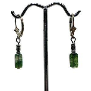 Moss Agate Cube Bead Sterling Silver Earrings | 1 1/4" long | Green, Clear |