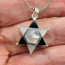 Load image into Gallery viewer, Mother of Pearl and Onyx Sterling Silver Pendant Kagome Shatkona |1 1/4&quot; Long |
