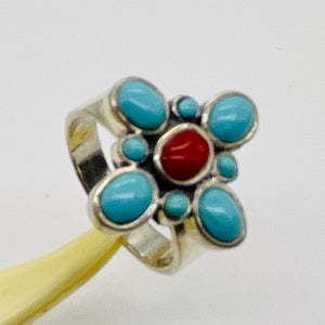 Turquoise Coral Sterling Silver Ring | Size 7.75 | Blue Red | 1 Ring |