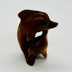 Carved Mommie Dolphin & Baby Boxwood Ojime/Netsuke Bead | 28x20x18mm | Brown