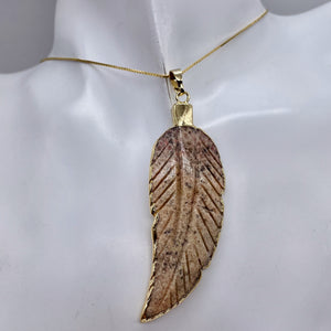 Jasper Carved Gold Trim Leaf Pendant | 3" Long | Beige Mauve | 1 Pendant |