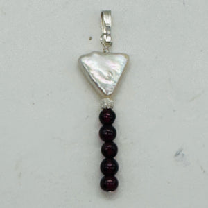 Pearl Triangle and Garnet Sterling Silver Drop Pendant| 1 3/4" Long| White, Red|