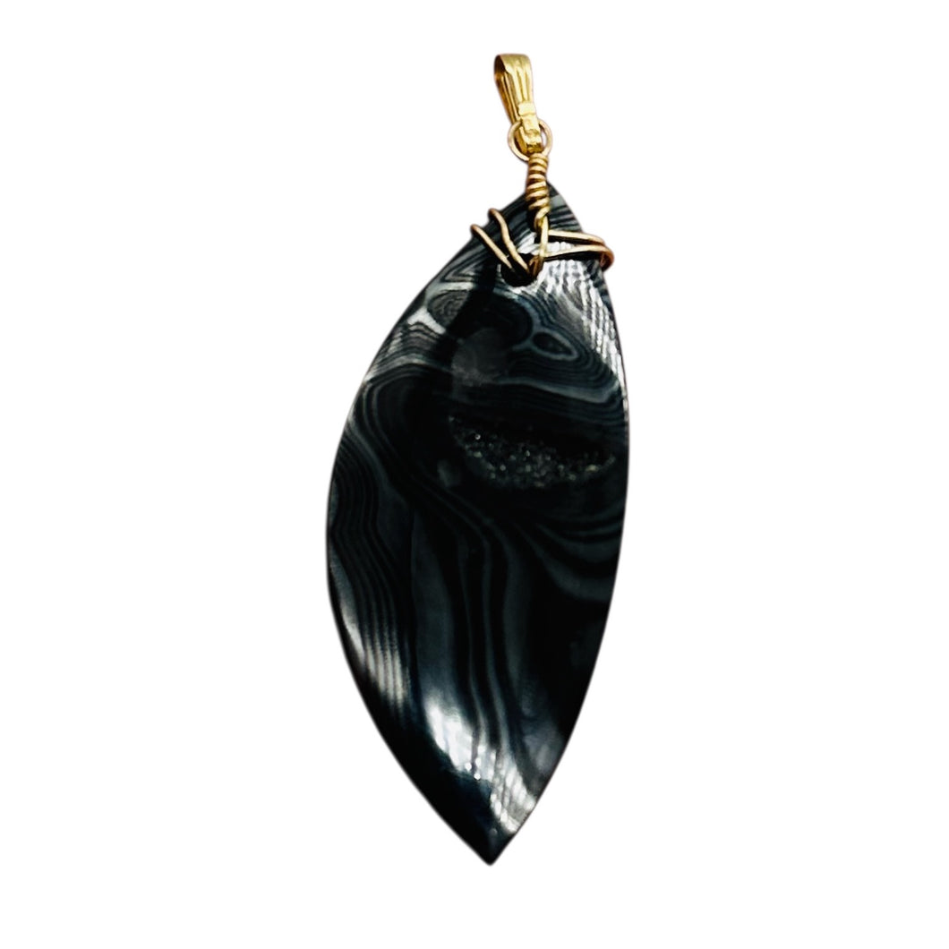 Psilomelane AAA with Spakling Crystals Marquise Pendant | 48x20x8mm | Black |