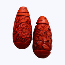 Load image into Gallery viewer, Cinnabar Carved Teardrop Barrel Beads | 34x16x12mm | Red | 2 Beads |
